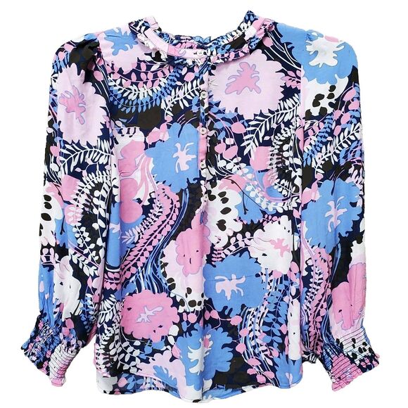 Talbots Petite Viscose Ruffle Neck Smocked Cuff Henley Popover Size MP - Picture 1 of 6